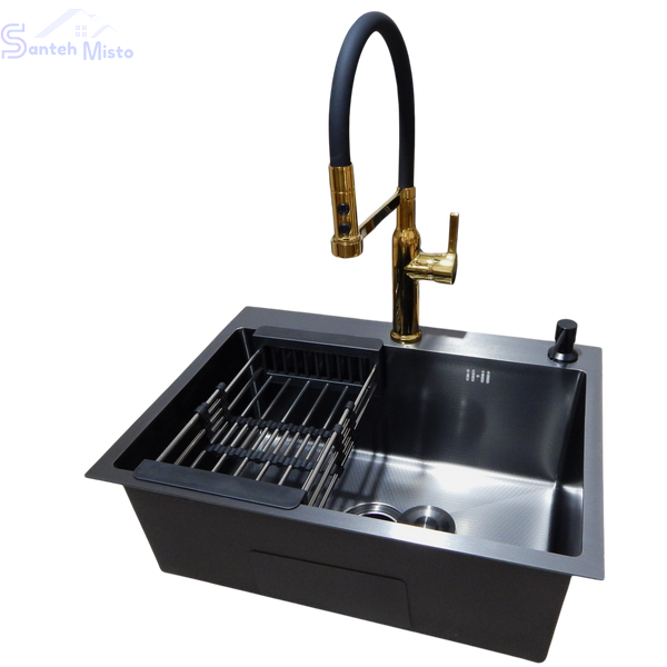 Комплект кухонної мийки Kraft NANO BLACK PVD Декор-соты HS60*45 (3.0/1.0 мм)+Смеситель для кухни Kroner KRP Ersel - GBG03112BLK SM550270 фото