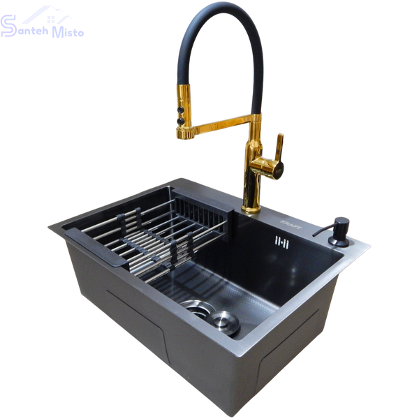 Комплект кухонної мийки Kraft NANO BLACK PVD Декор-соты HS60*45 (3.0/1.0 мм)+Смеситель для кухни Kroner KRP Ersel - GBG03112BLK SM550270 фото