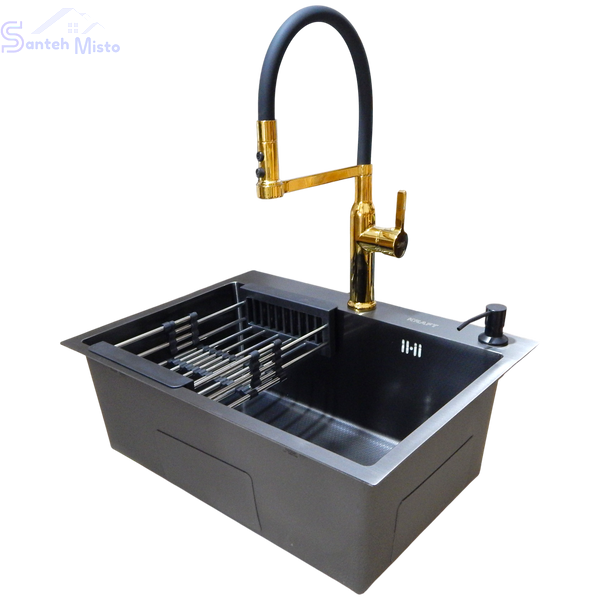 Комплект кухонної мийки Kraft NANO BLACK PVD Декор-соты HS60*45 (3.0/1.0 мм)+Смеситель для кухни Kroner KRP Ersel - GBG03112BLK SM550270 фото