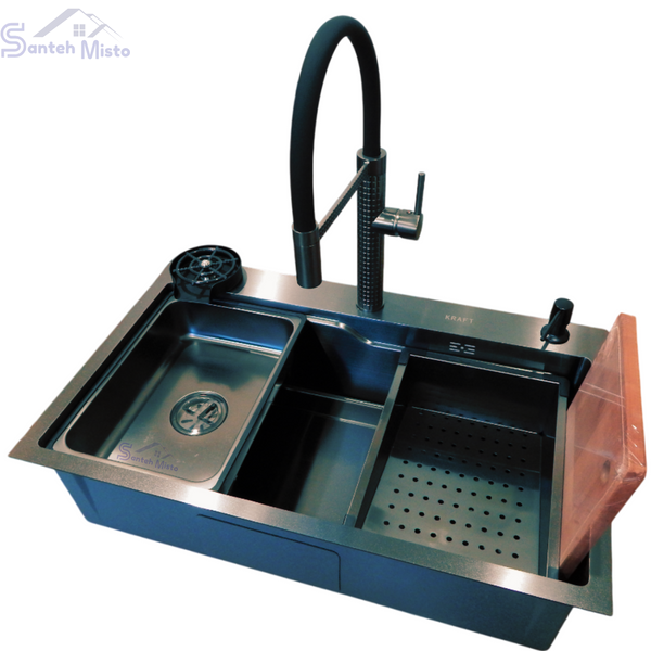 Комплект кухонной мойки Kraft HM 7546 NANO BLACK SM3870 фото