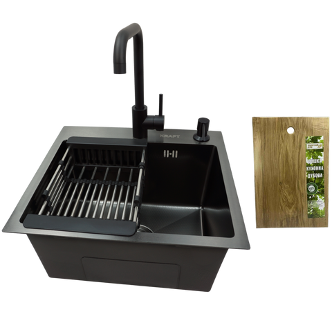 Комплект кухонной мойка Kraft KRF 4540 NANO BLACK (DECOR) PVD (3.0/1.0 мм) SM1400 фото