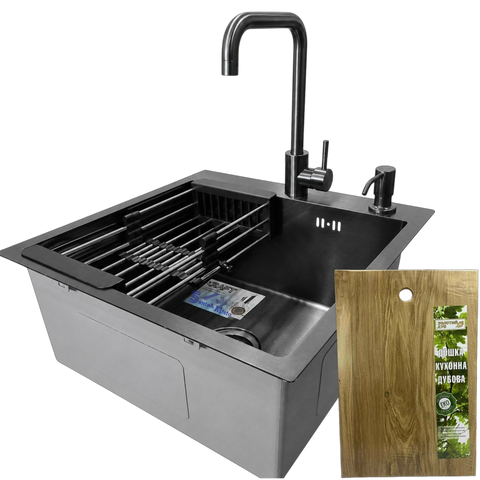 Комплект кухонної мийки Kraft HM 50х50 NANO BLACK PVD (3.0/1.0 мм) SМ048 фото