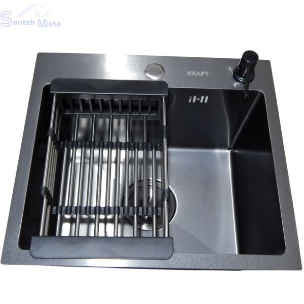 Комплект кухонной мойка Kraft KRF 4540 NANO BLACK (DECOR) PVD (3.0/1.0 мм) SM1400 фото