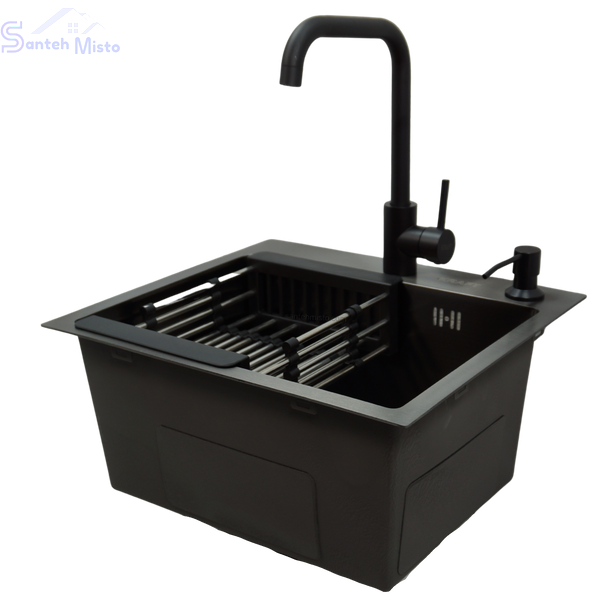 Комплект кухонной мойка Kraft KRF 4540 NANO BLACK (DECOR) PVD (3.0/1.0 мм) SM1400 фото