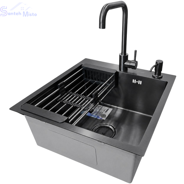 Комплект кухонної мийки Kraft HM 50х50 NANO BLACK PVD (3.0/1.0 мм) SМ048 фото