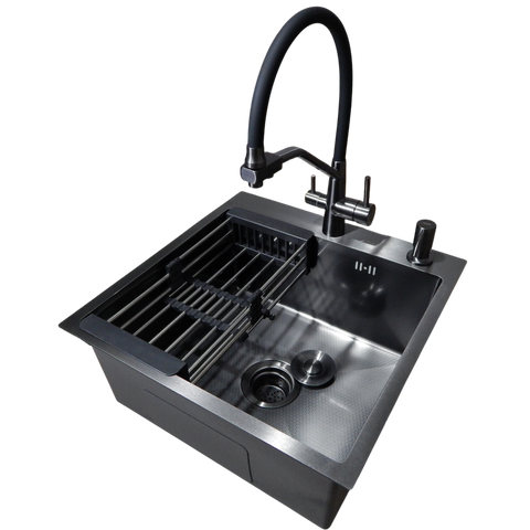 Комплект кухонної мийки Kraft HM 50х50 NANO BLACK PVD (3.0/1.0 мм) DEKOR SM1315 фото