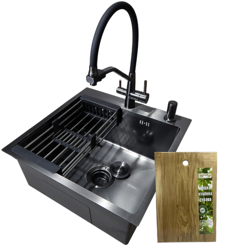 Комплект кухонної мийки Kraft HM 50х50 NANO BLACK PVD (3.0/1.0 мм) DEKOR SM1315 фото