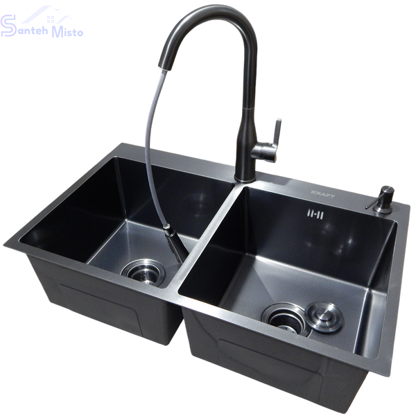 Комплект кухонної мийки Kraft NANO BLACK PVD - 7848 HM PVD (3.0/1.0 мм) Decor SM6007 фото