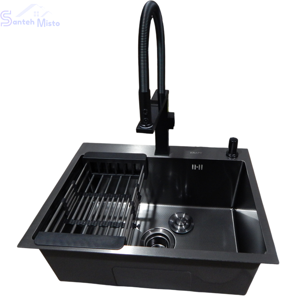 Комплект кухонной мойки Kraft NANO BLACK PVD HS60*45 (3.0/1.0 мм) декор SM10270 фото