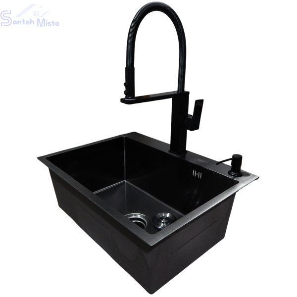 Комплект кухонной мойки Kraft NANO BLACK PVD HS60*45 (3.0/1.0 мм) декор SM10270 фото