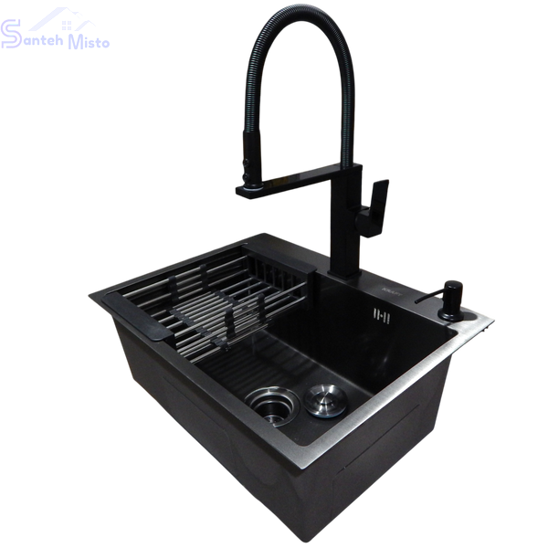 Комплект кухонной мойки Kraft NANO BLACK PVD HS60*45 (3.0/1.0 мм) декор SM10270 фото