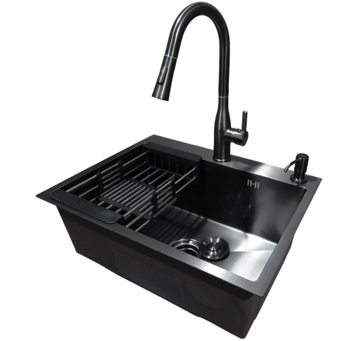 Комплект кухонной мойки Kraft NANO BLACK PVD HS60*45 (3.0/1.0 мм) декор SM7050 фото