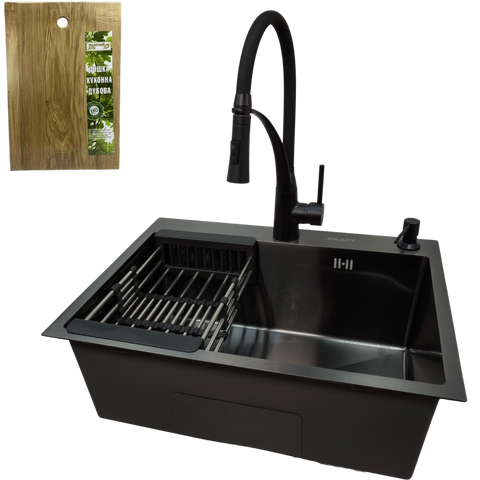 Комплект кухонної мийки Kraft NANO BLACK PVD HS60*45 (3.0/1.0 мм)+Кухонний змішувач Kroner KRP Ersel - SCH03393BLK SM88204 фото