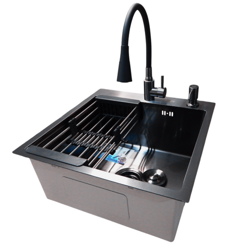 Комплект кухонной мойки KRAFT Handmade PVD чорна HS 5050 (3.0/1.0 мм) Dekor SM614 фото
