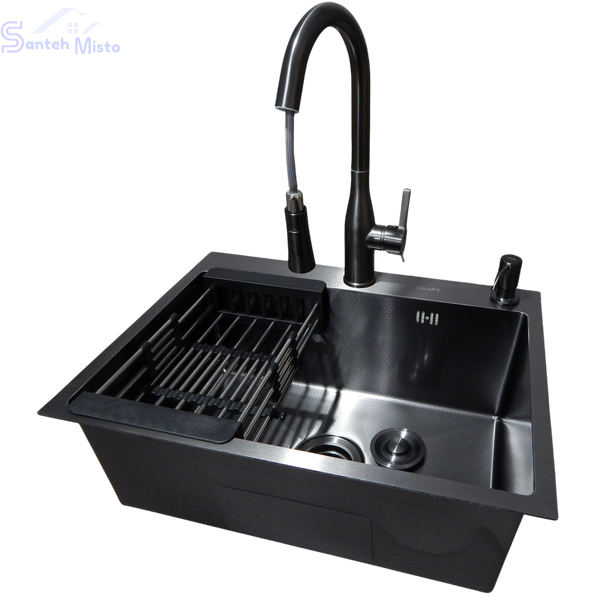 Комплект кухонной мойки Kraft NANO BLACK PVD HS60*45 (3.0/1.0 мм) декор SM7050 фото