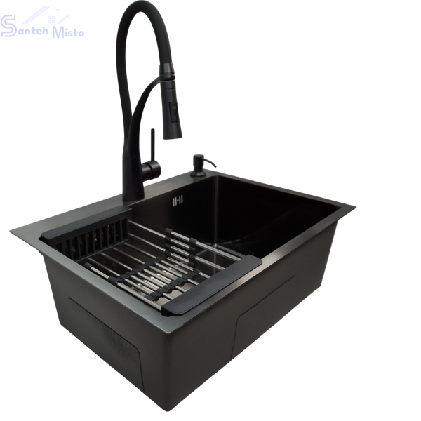 Комплект кухонної мийки Kraft NANO BLACK PVD HS60*45 (3.0/1.0 мм)+Кухонний змішувач Kroner KRP Ersel - SCH03393BLK SM88204 фото