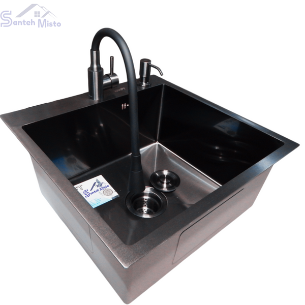 Комплект кухонної мийки KRAFT Handmade PVD чорна HS 5050 (3.0/1.0 мм) Dekor SM614 фото