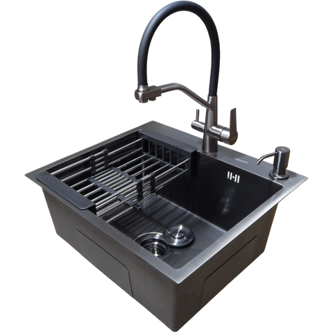 Комплект кухонної мийки Kraft графіт HS 540Х480 NANO BLACK PVD Декор (3.0/1.0 мм) SM18035 фото