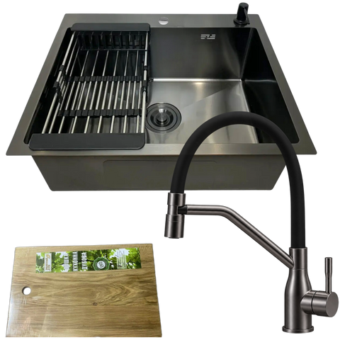 Комплект кухонной мойки Kraft HM 50х50 NANO BLACK PVD (3.0/1.0 мм) SМ3490 фото