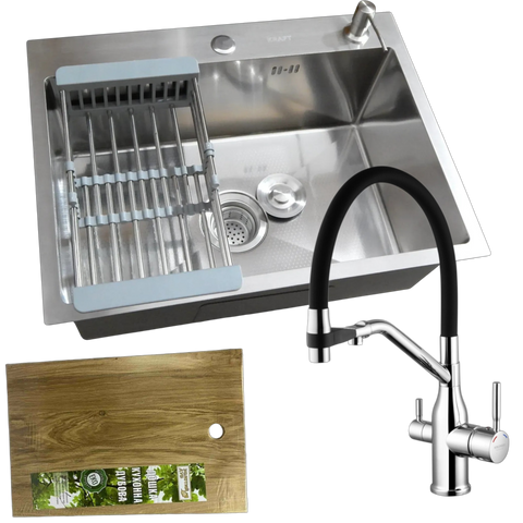 Комплект кухонної мийки Kraft KRF 6045 DECOR (3.0/1.0 мм)+Змішувач для кухні Kroner KRP Kuche - C03816BLK (хром) SM35009 фото
