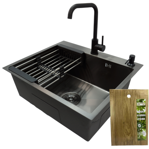 Комплект кухонної мийки Kraft NANO BLACK PVD HS60*50 (3.0/1.0 мм) Decor SM30226 фото