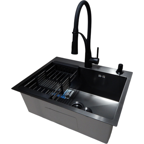 Комплект кухонної мийки Kraft NANO BLACK PVD HS60*45 декор (3.0/1.0 мм)+Кухонний змішувач Kroner KRP Ersel - SCH03393BLK SM2804 фото