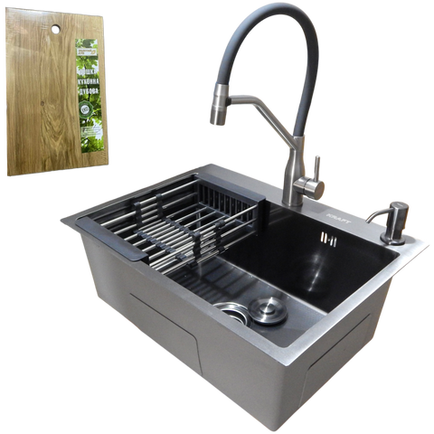 Комплект кухонної мийки Kraft NANO BLACK PVD HS60*45 декор (3.0/1.0 мм)+Кухонний змішувач Kraft 3025PVD SM30280 фото