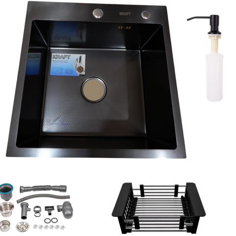 Комплект кухонной мойки Kraft HM 50х50 NANO BLACK (DECOR) PVD (3.0/1.0 мм) SМ45 фото