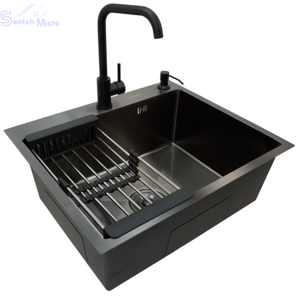 Комплект кухонної мийки Kraft NANO BLACK PVD HS60*50 (3.0/1.0 мм) Decor SM30226 фото