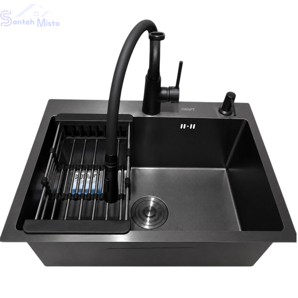 Комплект кухонної мийки Kraft NANO BLACK PVD HS60*45 декор (3.0/1.0 мм)+Кухонний змішувач Kroner KRP Ersel - SCH03393BLK SM2804 фото