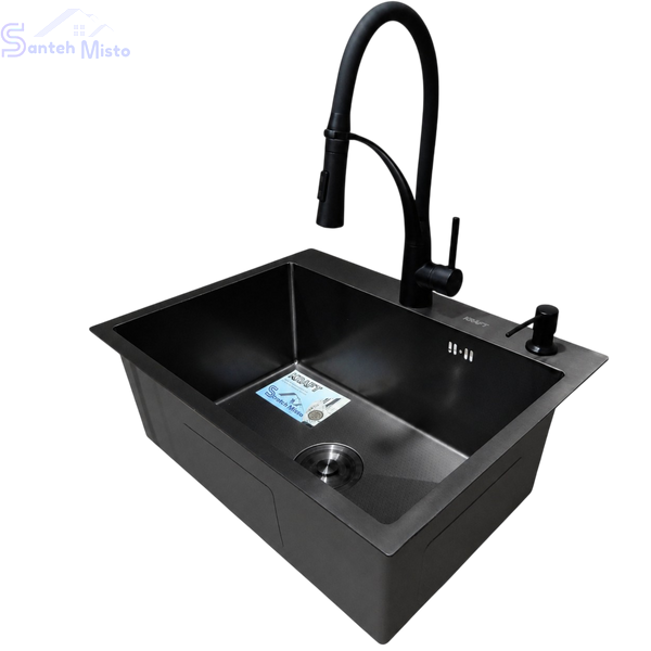 Комплект кухонної мийки Kraft NANO BLACK PVD HS60*45 декор (3.0/1.0 мм)+Кухонний змішувач Kroner KRP Ersel - SCH03393BLK SM2804 фото