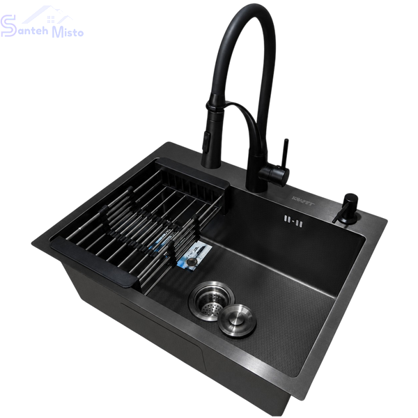 Комплект кухонної мийки Kraft NANO BLACK PVD HS60*45 декор (3.0/1.0 мм)+Кухонний змішувач Kroner KRP Ersel - SCH03393BLK SM2804 фото