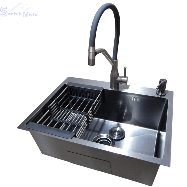 Комплект кухонної мийки Kraft NANO BLACK PVD HS60*45 декор (3.0/1.0 мм)+Кухонний змішувач Kraft 3025PVD SM30280 фото
