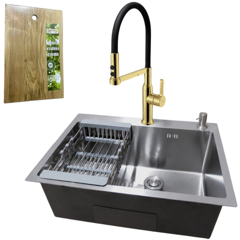 Комплект кухонной мойки Kraft HM 6045 DECOR (3.0/1.0 мм)+Смеситель для кухни с гибким изливом Plleno Lazio PVD ST4313BLK (золотой) SM25500 фото