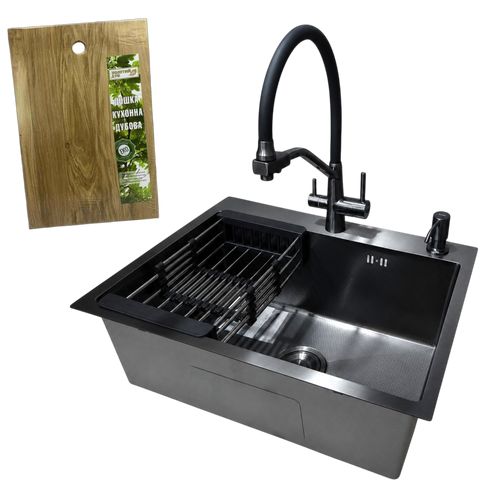 Комплект кухонной мойки Kraft NANO BLACK PVD-Графіт HS60*45 (3.0/1.0 мм) декор SM8540 фото