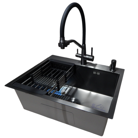 Комплект кухонної мийки Kraft NANO BLACK PVD HS60*45 (3.0/1.0 мм) декор SM8540 фото