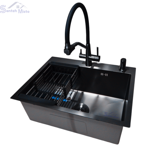 Комплект кухонной мойки Kraft NANO BLACK PVD-Графіт HS60*45 (3.0/1.0 мм) декор SM8540 фото