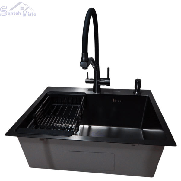 Комплект кухонной мойки Kraft NANO BLACK PVD-Графіт HS60*45 (3.0/1.0 мм) декор SM8540 фото