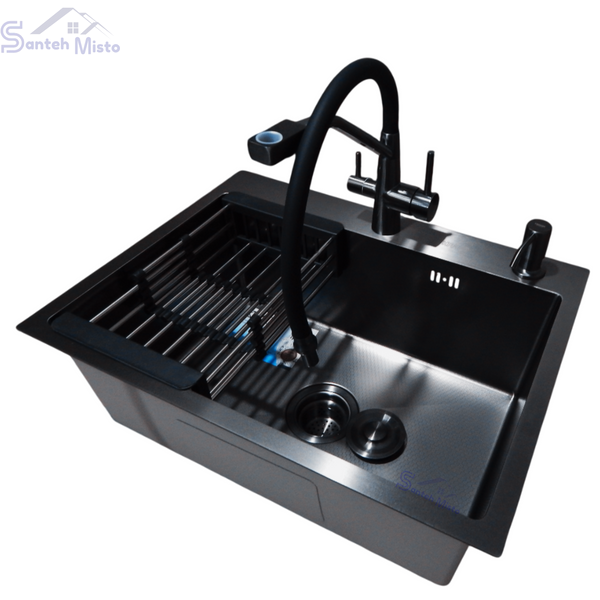 Комплект кухонной мойки Kraft NANO BLACK PVD-Графіт HS60*45 (3.0/1.0 мм) декор SM8540 фото