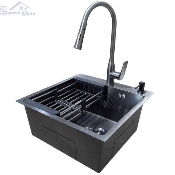 Комплект кухонної мийки Kraft HM 50х50 NANO BLACK (DECOR) PVD (3.0/1.0 мм) SМ6042 фото