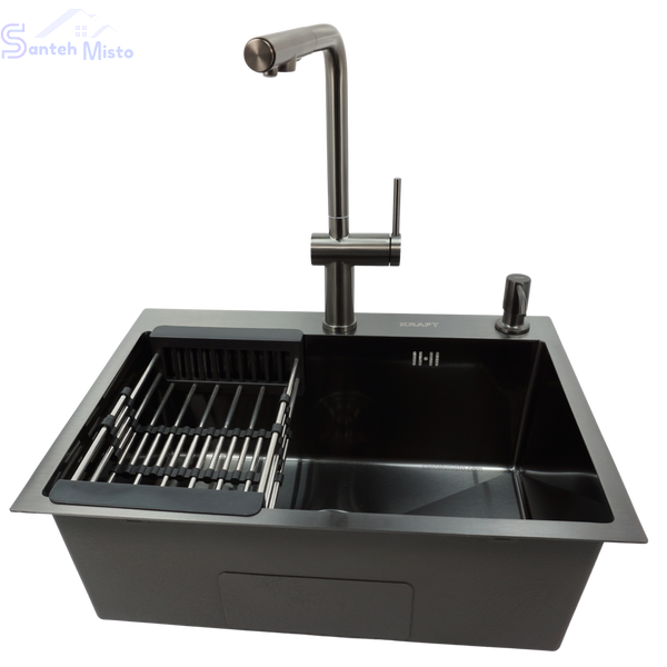 Комплект кухонной мойки Kraft NANO BLACK PVD 600х450мм (3.0/1.0 мм)+Смеситель для кухни Kroner KRP Kuche - GRP03839 PVD Графит с висувним шлангом SM6088 фото