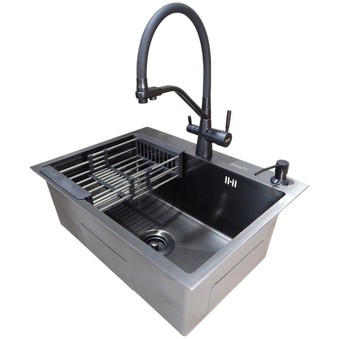 Комплект кухонної мийки Kraft NANO BLACK PVD HS60*45 (3.0/1.0 мм)+Змішувач для кухні з підключенням до фільтра Pllen&oacute; Lazio ST19 nero SM20870 фото