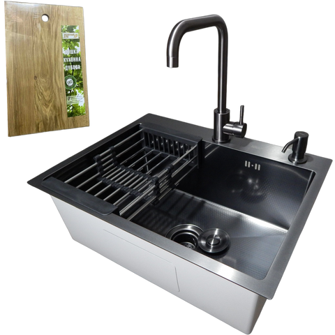 Комплект кухонної мийки KRAFT Handmade PVD чорна HS 540*480 (3.0/1.0 мм) DEKOR SM8418 фото