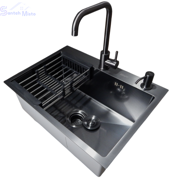Комплект кухонної мийки KRAFT Handmade PVD чорна HS 540*480 (3.0/1.0 мм) DEKOR SM8418 фото