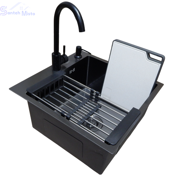 Комплект кухонной мойки Kraft HM 50х50 NANO BLACK (DECOR) PVD (3.0/1.0 мм) SМ55040 фото