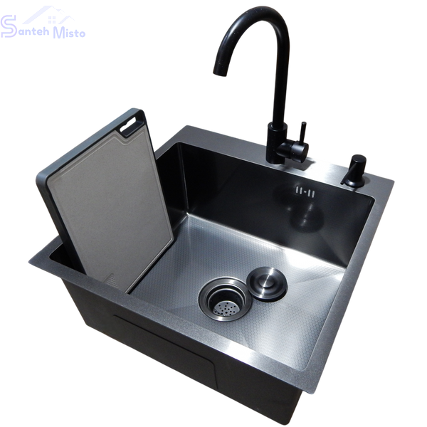 Комплект кухонной мойки Kraft HM 50х50 NANO BLACK (DECOR) PVD (3.0/1.0 мм) SМ55040 фото