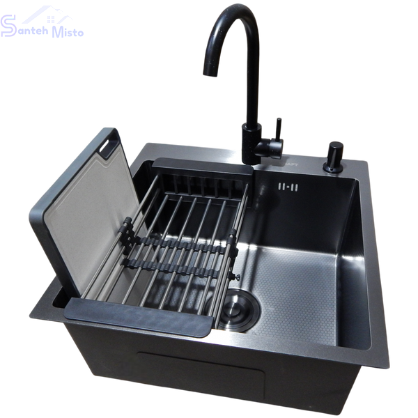 Комплект кухонной мойки Kraft HM 50х50 NANO BLACK (DECOR) PVD (3.0/1.0 мм) SМ55040 фото