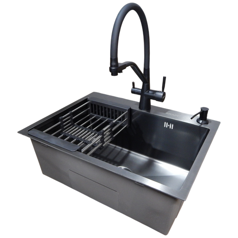 Комплект кухонної мийки Kraft NANO BLACK PVD HS 540х480мм Декор (3.0/1.0 мм)+Смеситель для кухни с подключением к фильтру Pllen&oacute; Lazio ST19 nero SM40670 фото