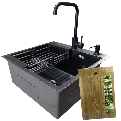 Комплект кухонної мийки Kraft HM 50х50 NANO BLACK PVD (3.0/1.0 мм) SM633 фото