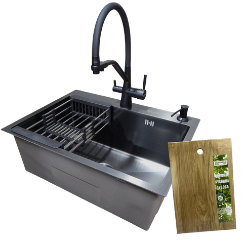 Комплект кухонної мийки Kraft NANO BLACK PVD HS 540х480мм Декор (3.0/1.0 мм)+Смеситель для кухни с подключением к фильтру Pllen&oacute; Lazio ST19 nero SM40670 фото